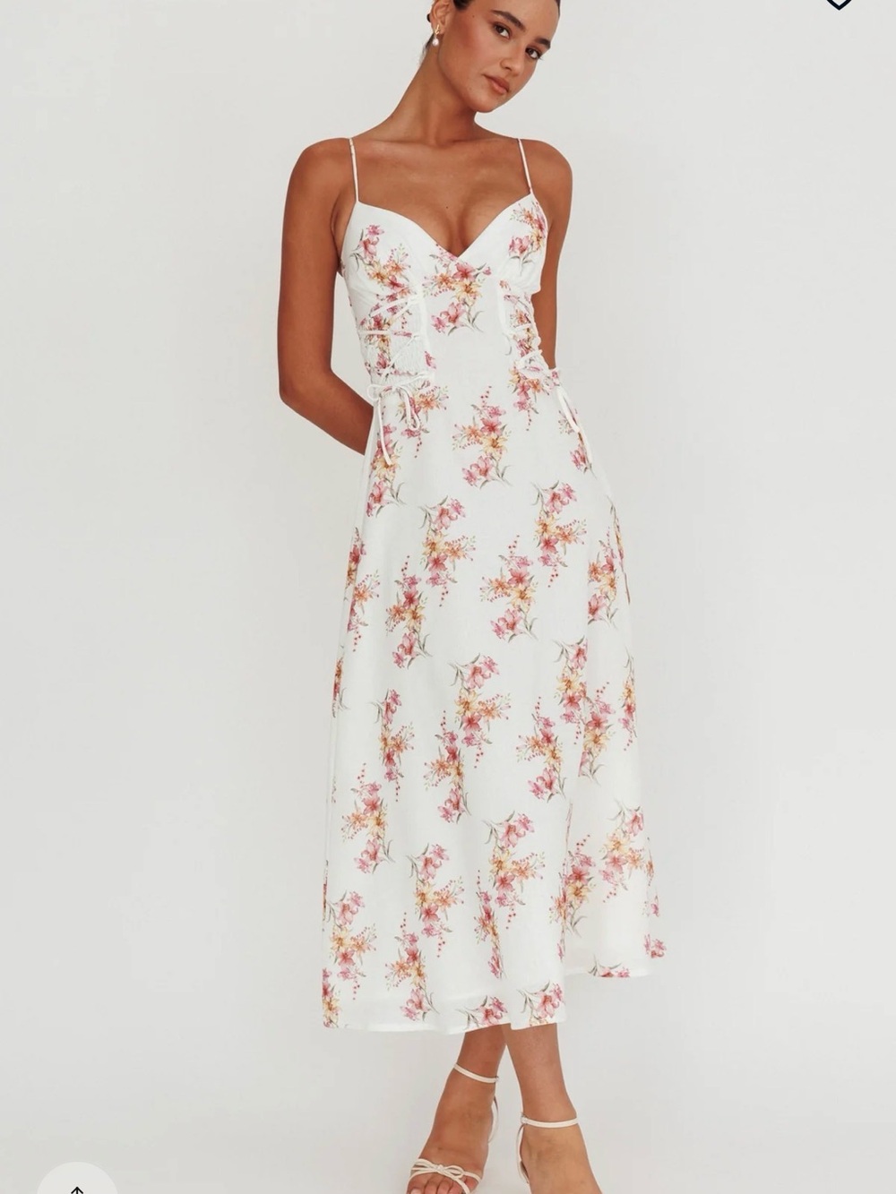 Selfie Leslie White Midi Dress with Pink and Yellow Floral Print